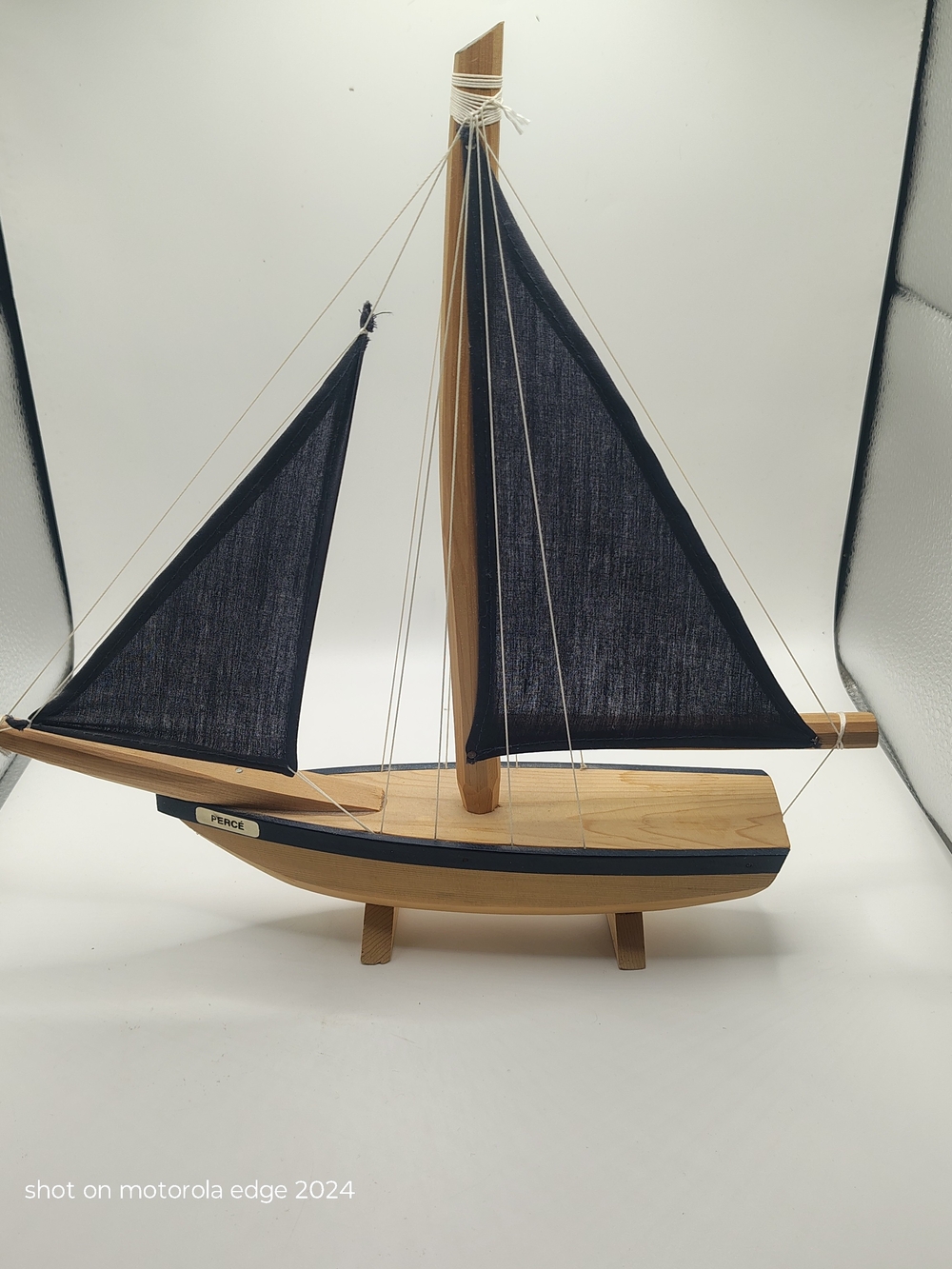 Vintage Percé Wooden Model Sailboat Nautical Folk Art Mid Century Decor 12"